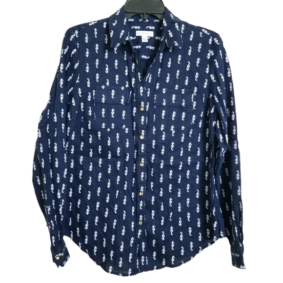Charter Club Navy White Seahorse Linen Button Up S - Picture 1 of 6